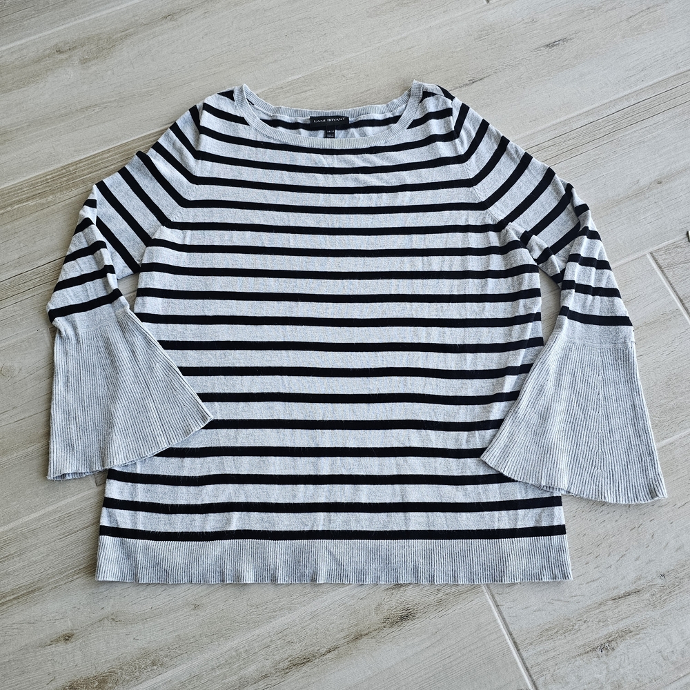 Lane Bryant Gray and Black Striped Sweater With Bell Sleeves Size 14/16 EUC